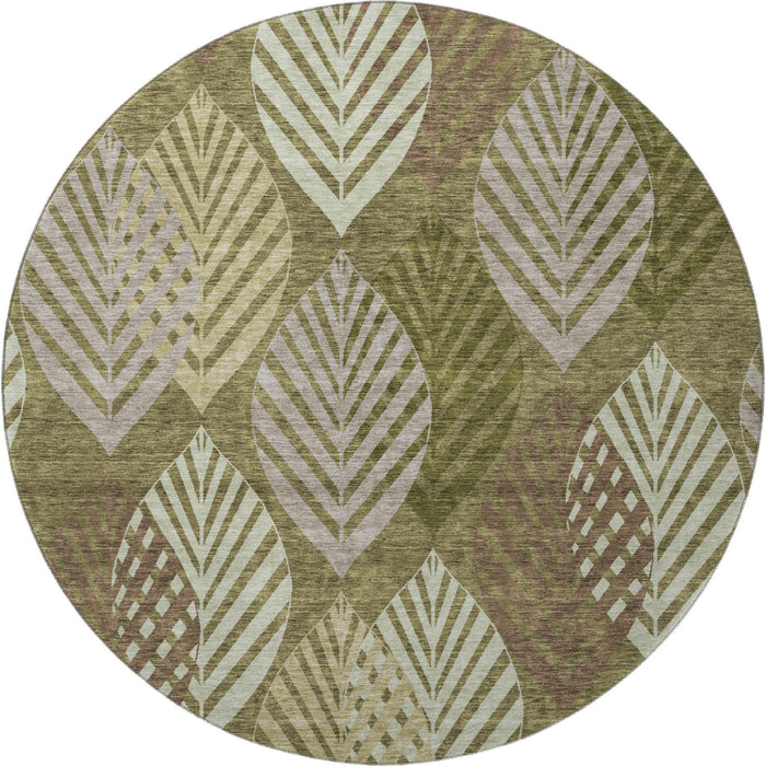 8' Floral Washable Round Rug With UV Protection - Olive Green