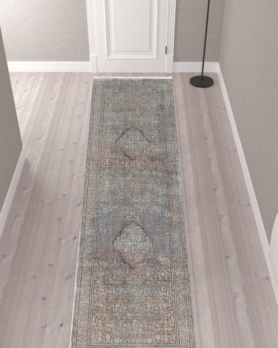 12' Floral Power Loom Runner Rug - Blue Red And Gray