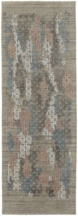 10' Abstract Hand Woven Runner Rug - Pink Blue And Taupe
