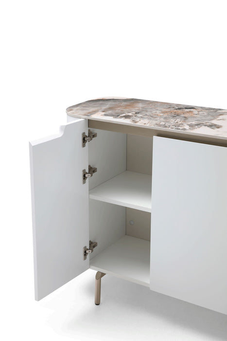 White ESF buffet with sleek design, featuring multiple drawers and cabinets for stylish storage in a modern dining room.