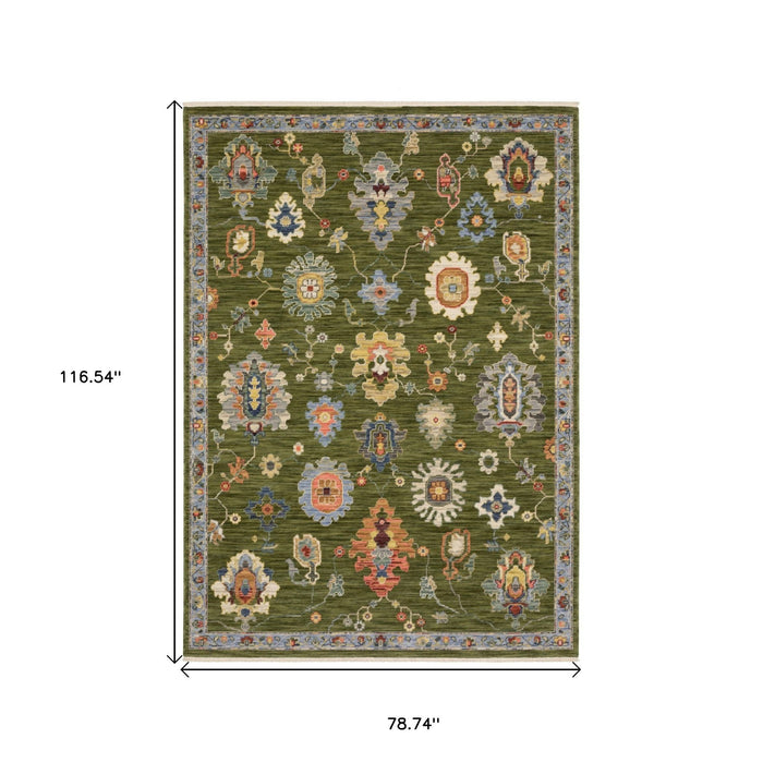 7' X 10' Oriental Area Rug With Fringe - Green