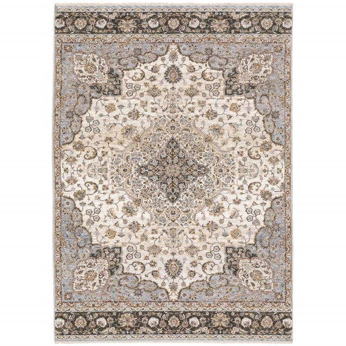 10' x 13' Oriental Power Loom Stain Resistant Area Rug With Fringe - Ivory And Blue