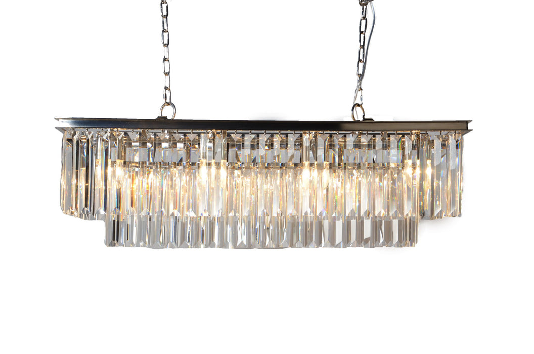 Black metal chandelier with eight crystal glass shades and shades, designed as a statement piece for elegant interiors.