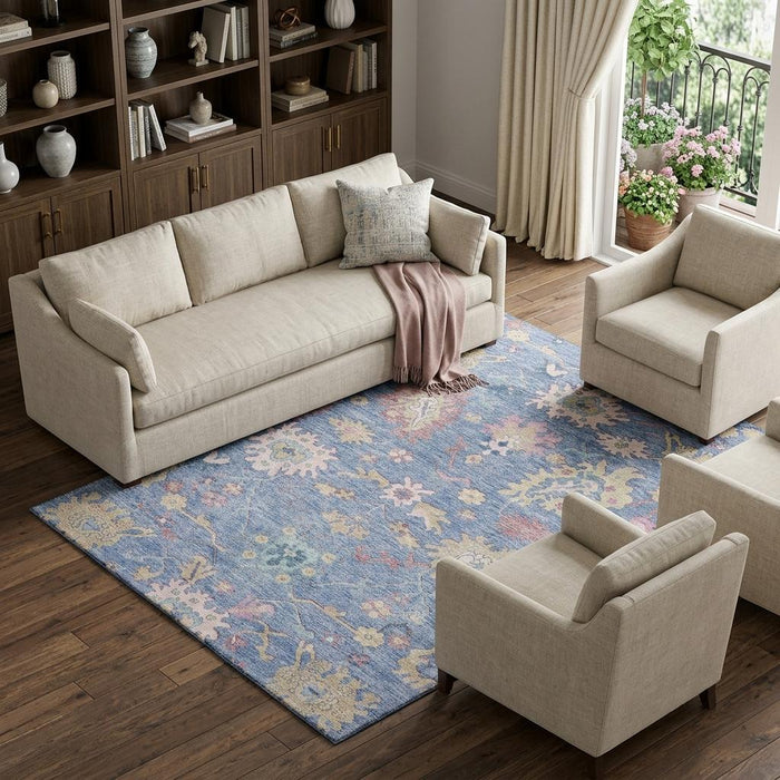 10' X 14' Floral Washable Area Rug With UV Protection (686957) - Blue / Blush / Gold