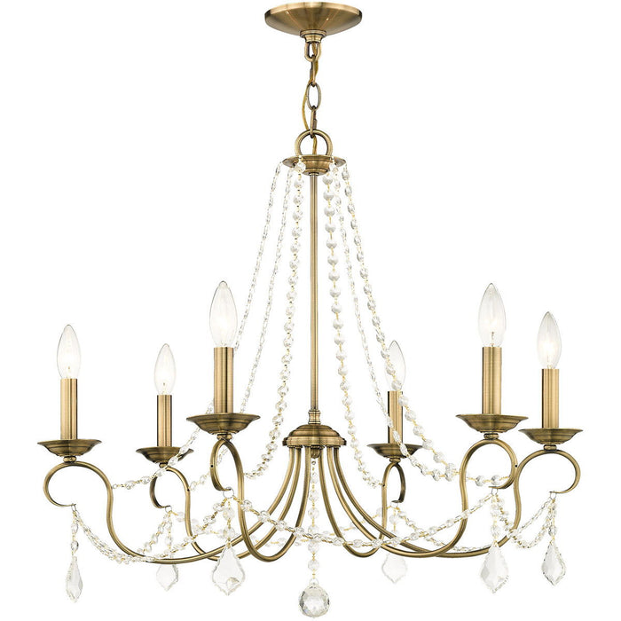 24" Six Light Dimmable Chandelier With Shades - Antiqued Brass