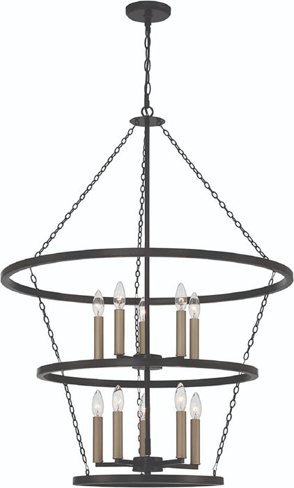 HomeRoots black and gold ten-light metal chandelier with candle style design and dimmable features, hanging with a modern aesthetic.