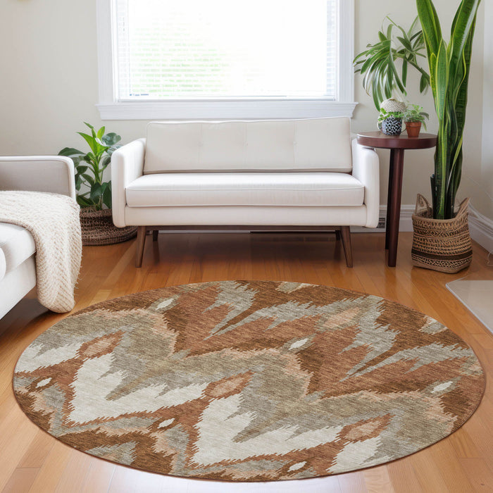 8' Ikat Washable Round Rug With UV Protection - Rust And Beige