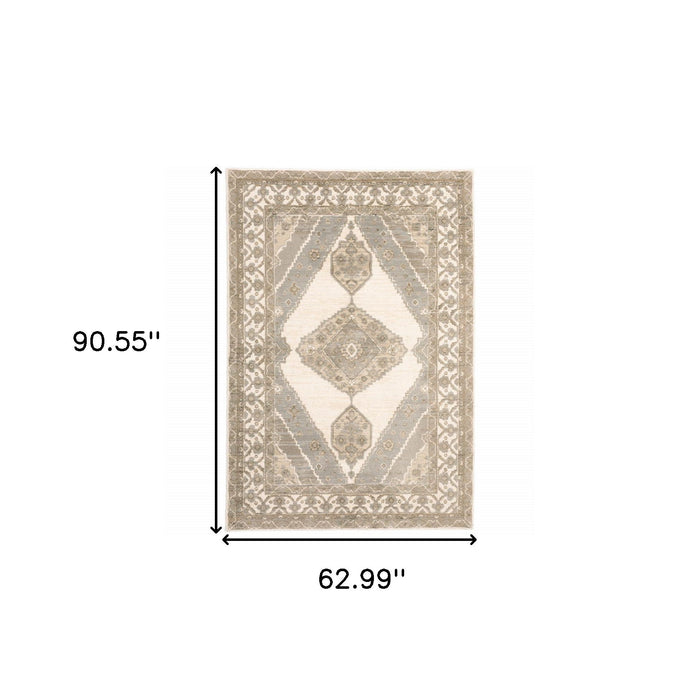 5.3' x 7.6' Oriental Power Loom Area Rug - Beige And Ivory