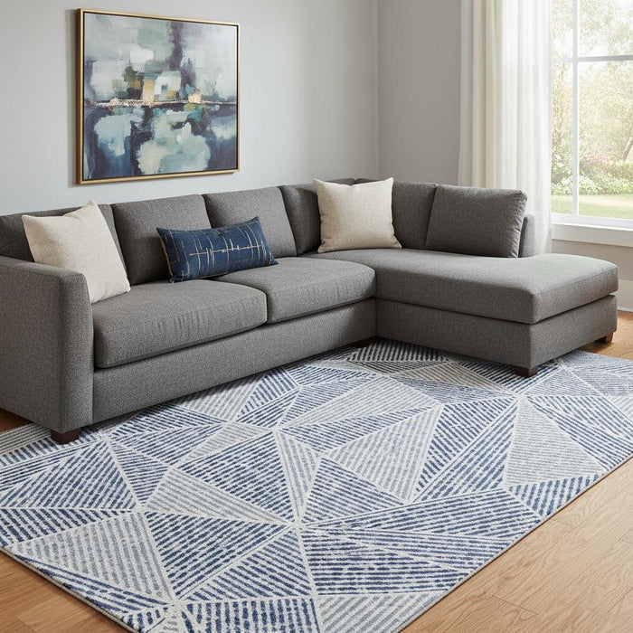 10' X 14' Geometric Washable Area Rug With UV Protection (651971) - Navy Blue / Ivory