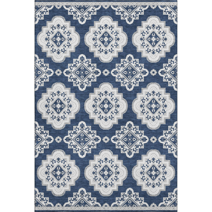 10' X 14' Medallion Washable Area Rug With UV Protection (669883) - Navy Blue / Ivory