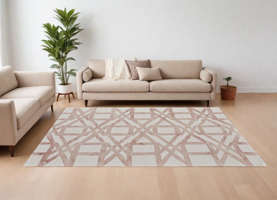 9' x 13' Wool Geometric Hand Tufted Area Rug - Ivory Pink And Tan
