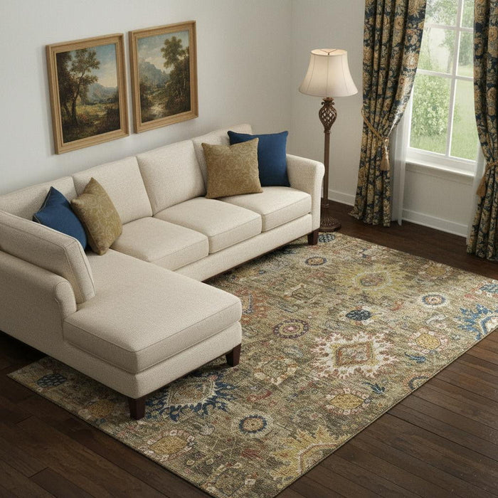 10' X 14' Oriental Washable Area Rug With UV Protection (708337) - Brown / Blue / Gold