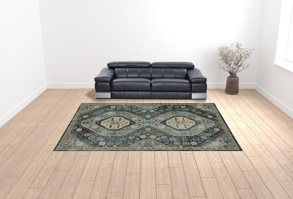 10' x 13' Oriental Power Loom Stain Resistant Area Rug With Fringe - Blue Gold Ivory And Navy