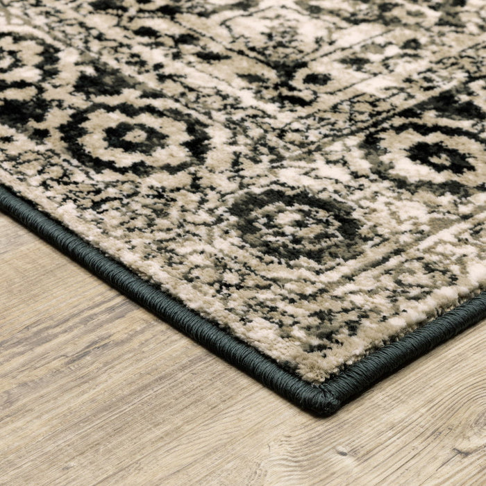 10' x 13' Oriental Power Loom Stain Resistant Area Rug - Black Gray Tan And Ivory