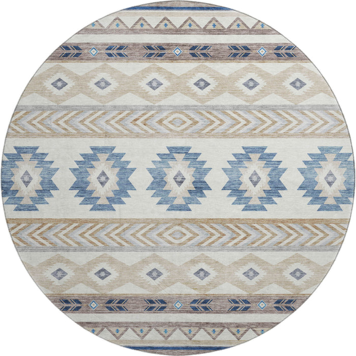 8' Geometric Washable Round Rug With UV Protection - Taupe