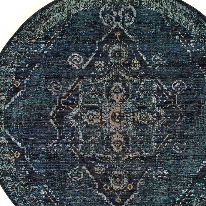 8' Round Oriental Power Loom Area Rug - Blue And Black