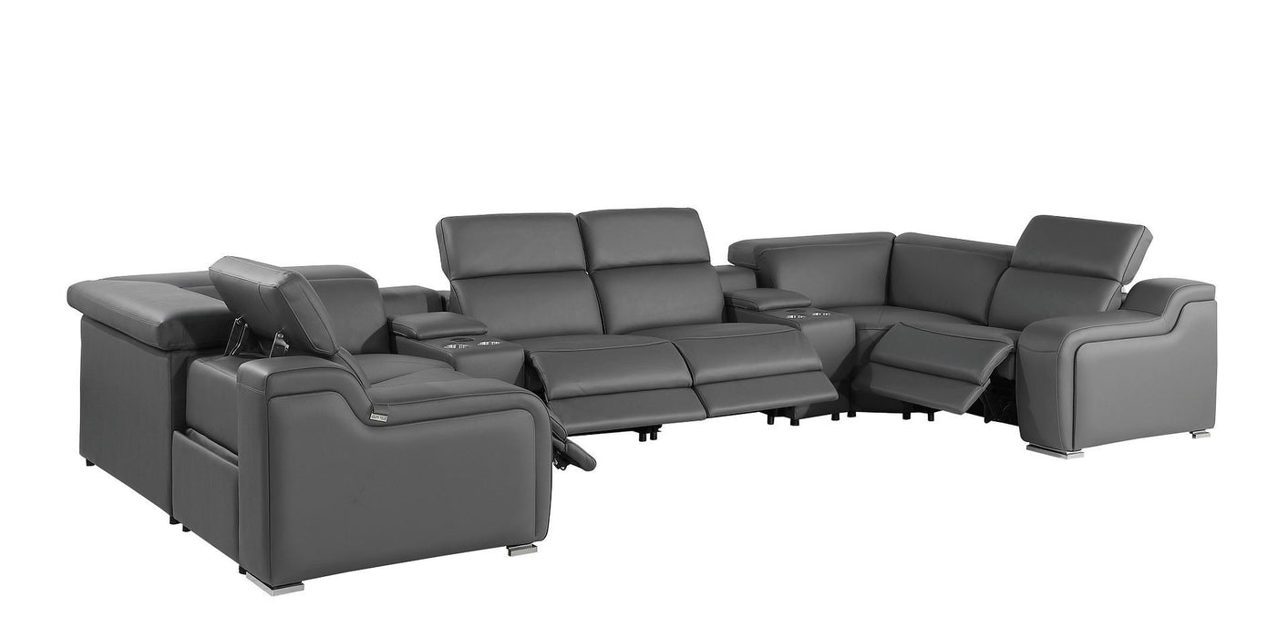 Italian Leather Power Reclining U-Shaped Eight Piece Corner Sectional With Console - Dark Gray