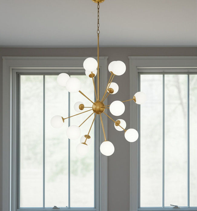 HomeRoots Sputnik multi-light chandelier with frosted glass shades, gold metal frame, and dimmable functionality.