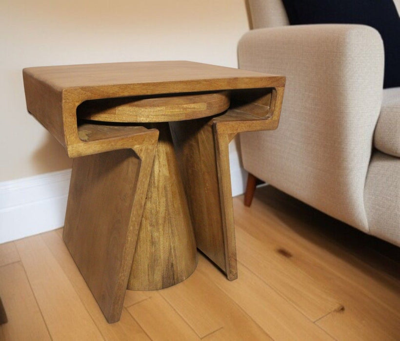 Distressed Solid Wood Pedestal Nested Tables (Set of 2) - Walnut