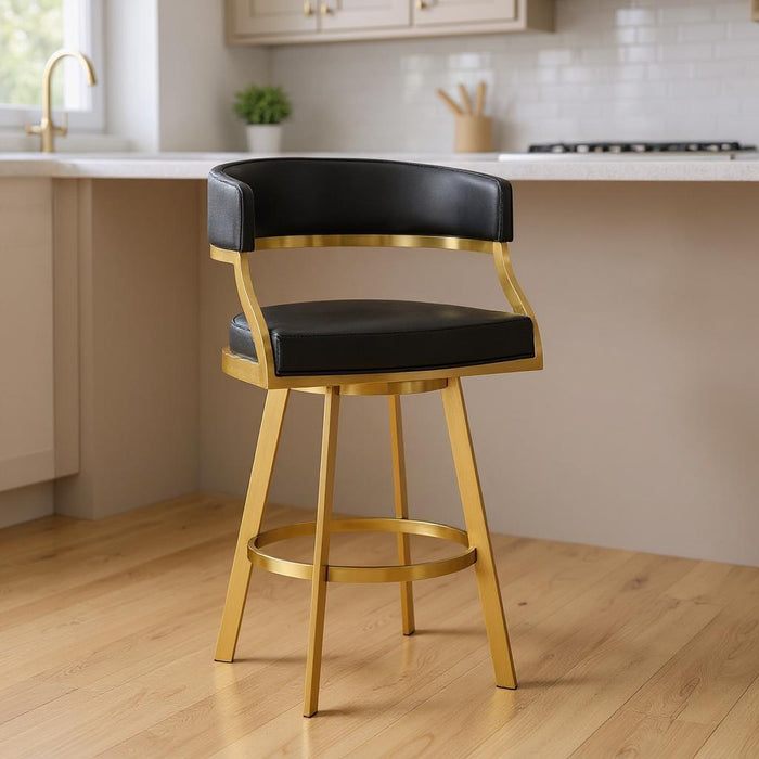 26" Faux Leather And Stainless Steel Low Back Counter Height Swivel Bar Chair - Black / Gold