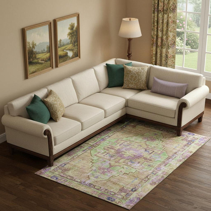 10' X 14' Oriental Washable Area Rug With UV Protection (699424) - Lime Green / Purple / Beige
