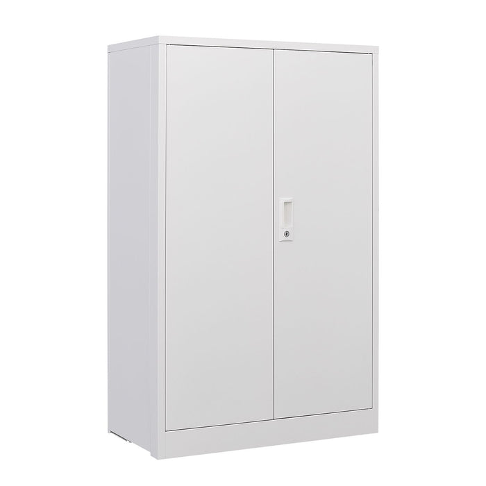 Giga metal filing cabinet with locking doors, adjustable shelves, ideal for home office, school, or garage storage.