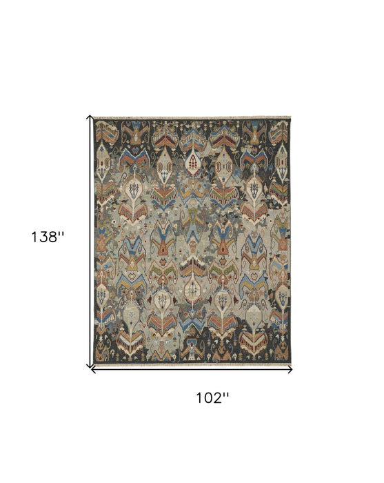 8.5' x 11.5' Wool Ikat Hand Knotted Area Rug With Fringe - Blue Gray And Brown