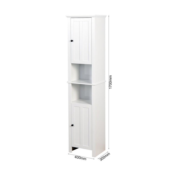 White wooden linen cabinet with two doors and six shelves, bathroom storage cabinet by Giga, showcasing organized interior space.