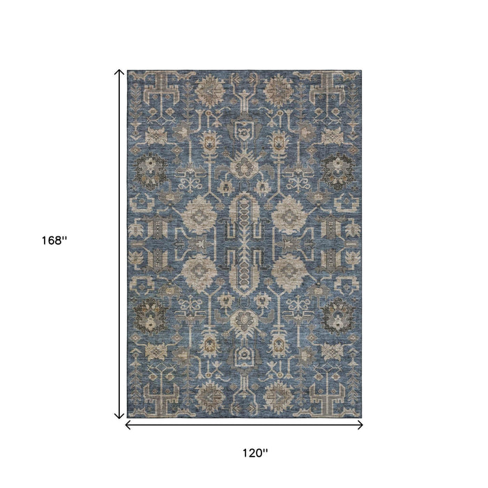 10' X 14' Oriental Washable Area Rug With UV Protection (656651) - Navy Blue / Beige / Charcoal