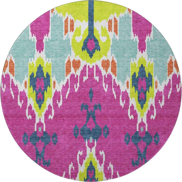 8' Ikat Washable Round Rug With UV Protection - Pink