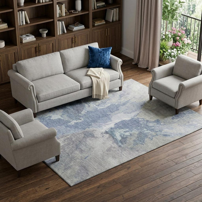 10' X 14' Abstract Washable Area Rug With UV Protection (695438) - Denim Blue / Ivory / Linen
