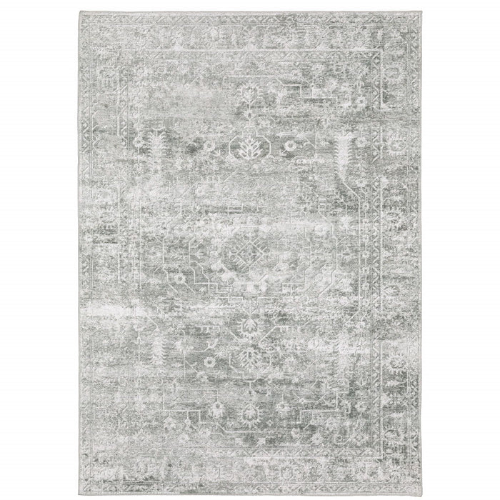 8' x 10' Oriental Printed Stain Resistant Non Skid Area Rug - Sage Green Gray Ivory And Silver