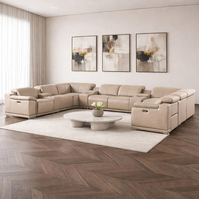 Leather Modular U Shaped Twelve Piece Corner Sectional With Console - Beige