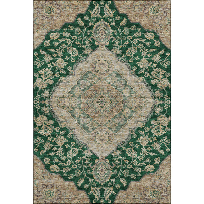 HomeRoots 10x14 floral medallion washable area rug with UV protection in emerald, beige, and taupe colors, showcasing intricate pattern.