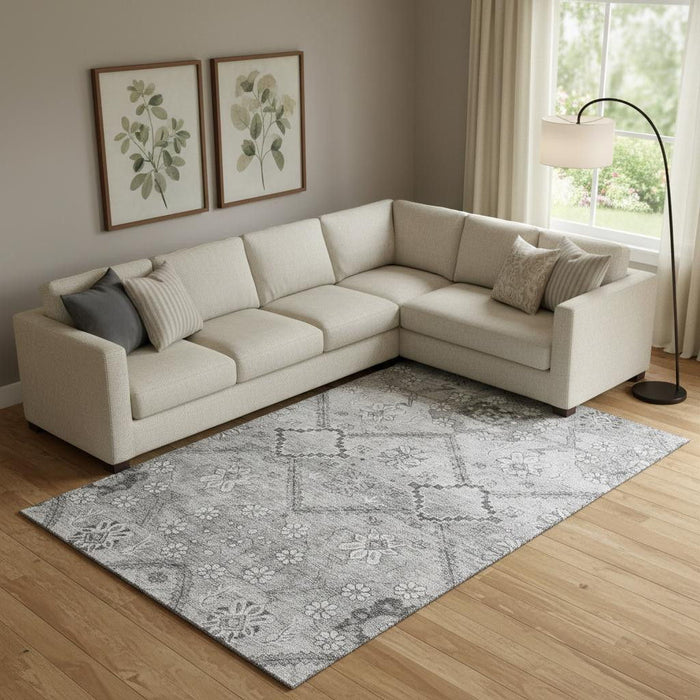 10' X 14' Floral Washable Area Rug With UV Protection (667222) - Gray / Silver