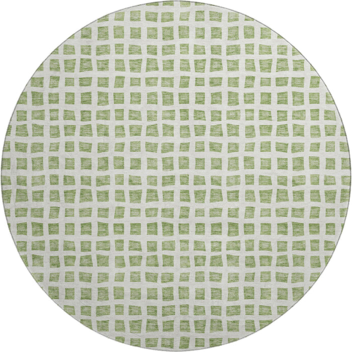 8' Geometric Washable Round Rug Polyester With UV Protection - Artichoke Green And Ivory