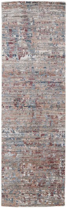 8' Wool Abstract Hand Knotted Runner Rug - Red And Blue