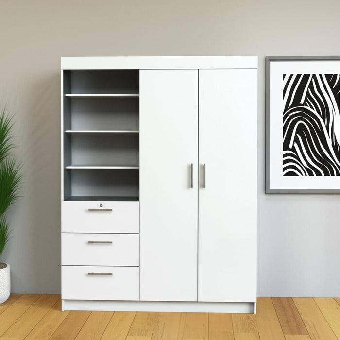 White 79-inch wood wardrobe with two doors and three drawers, HomeRoots dresser, featuring a sleek and functional bedroom storage design.