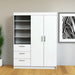 White 79-inch wood wardrobe with two doors and three drawers, HomeRoots dresser, featuring a sleek and functional bedroom storage design.