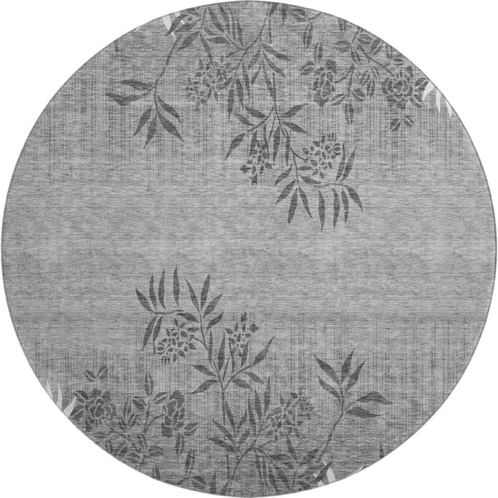 8' Floral Washable Round Rug With UV Protection (655665) - Pewter / Ivory