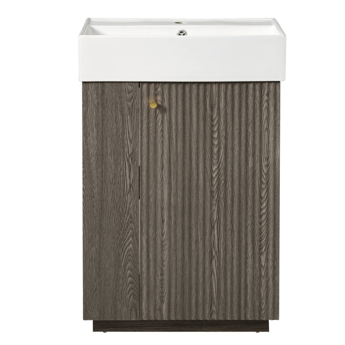 Giga bathroom vanity with sink, freestanding wood grain cabinet featuring storage drawers and modern design.