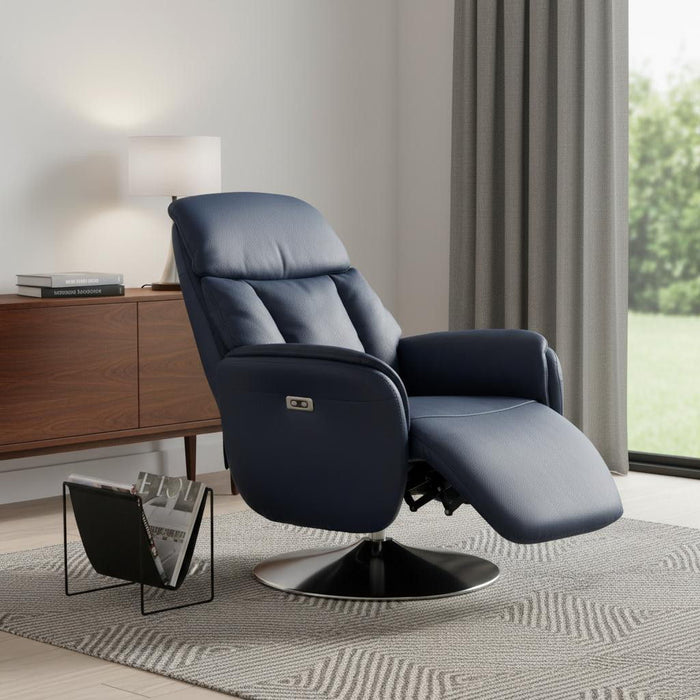 Tufted Genuine Leather Power Swivel Recliner (730574) - Navy Blue