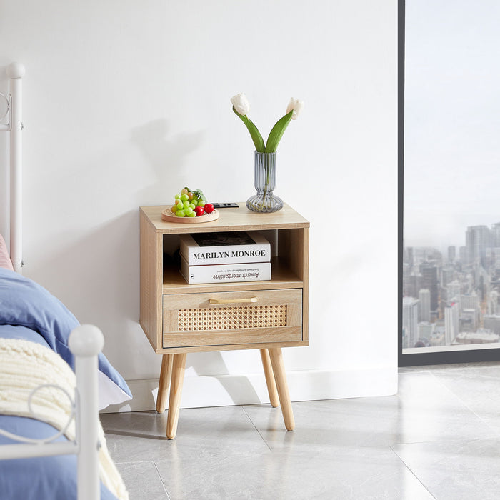 Giga 15.75-inch rattan nightstand with power outlet, USB ports, drawer, solid wood legs, modern living room or bedroom side table