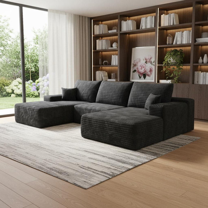 2 Piece Living Room Set Corduroy Modular Compression Foam Sofa With Ottoman Toss Pillows - Black
