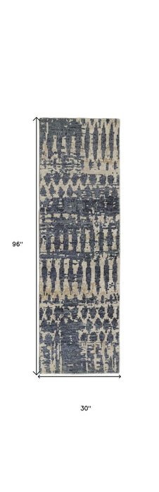 8' Wool Abstract Hand Knotted Runner Rug - Blue Gray And Tan