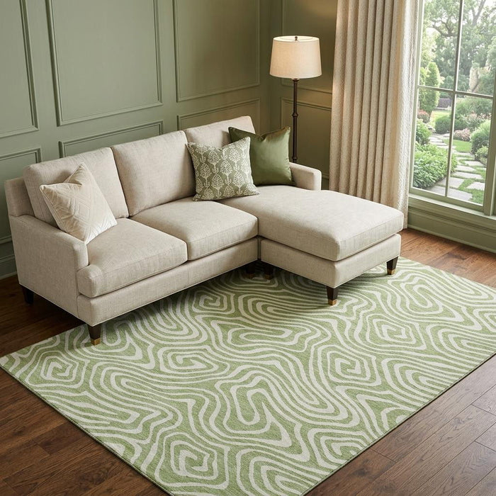 10' X 14' Abstract Washable Area Rug With UV Protection (680061) - Artichoke Green / Ivory