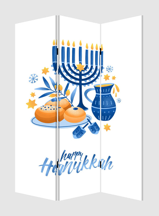 Celebratory Hanukkah Three Panel Room Divider Screen - Blue / White