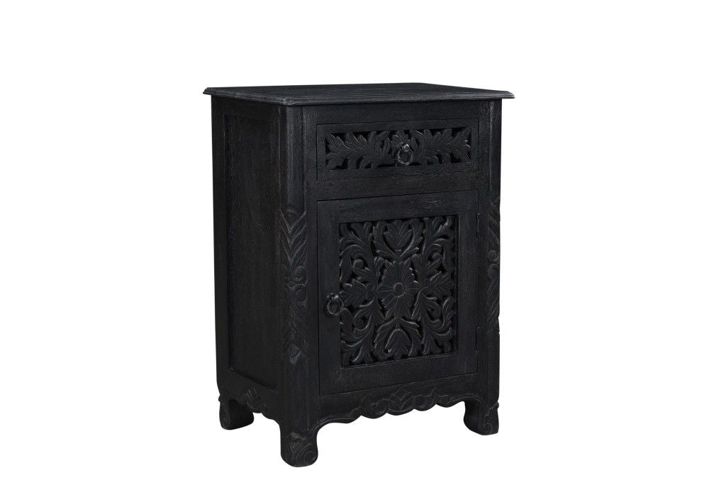 One Drawer Carved Floral Solid Wood Nightstand - Distressed Black
