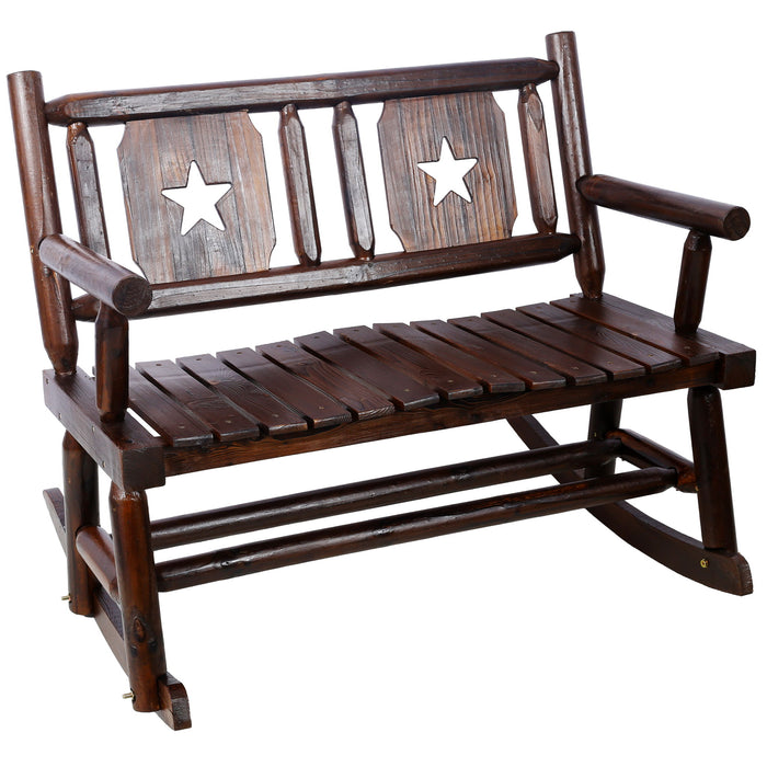 Giga rustic outdoor wood double rocking bench with curved seats for two persons, brown porch rocker for outdoor seating.