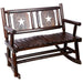 Giga rustic outdoor wood double rocking bench with curved seats for two persons, brown porch rocker for outdoor seating.